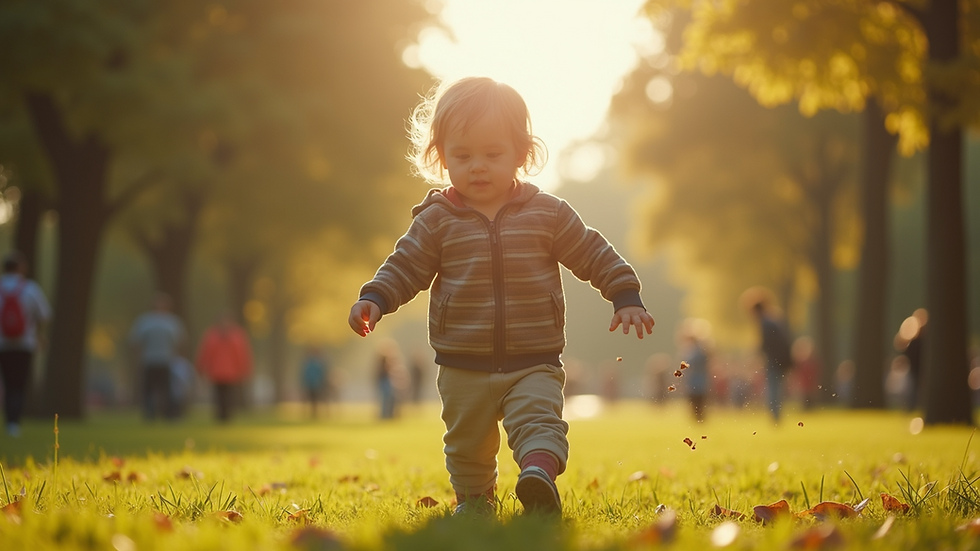 Eye-level view of a child playing in a sunny park