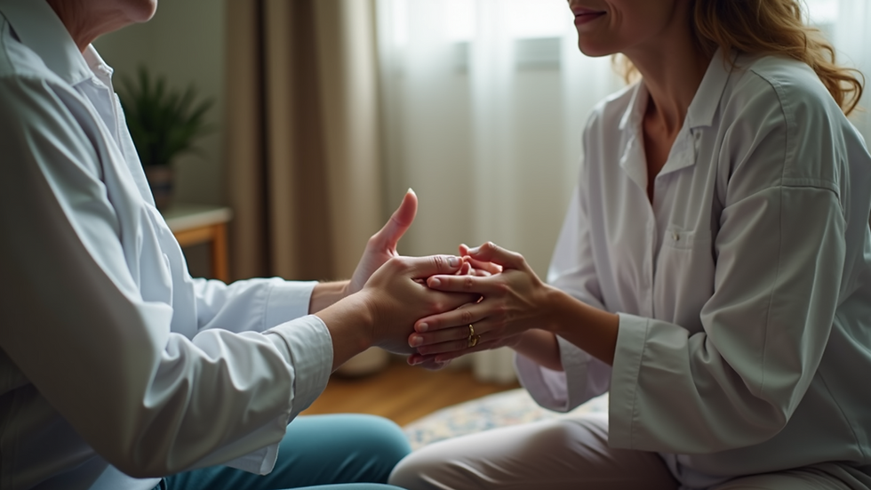 Close-up view of a therapist guiding a client through a somatic therapy session