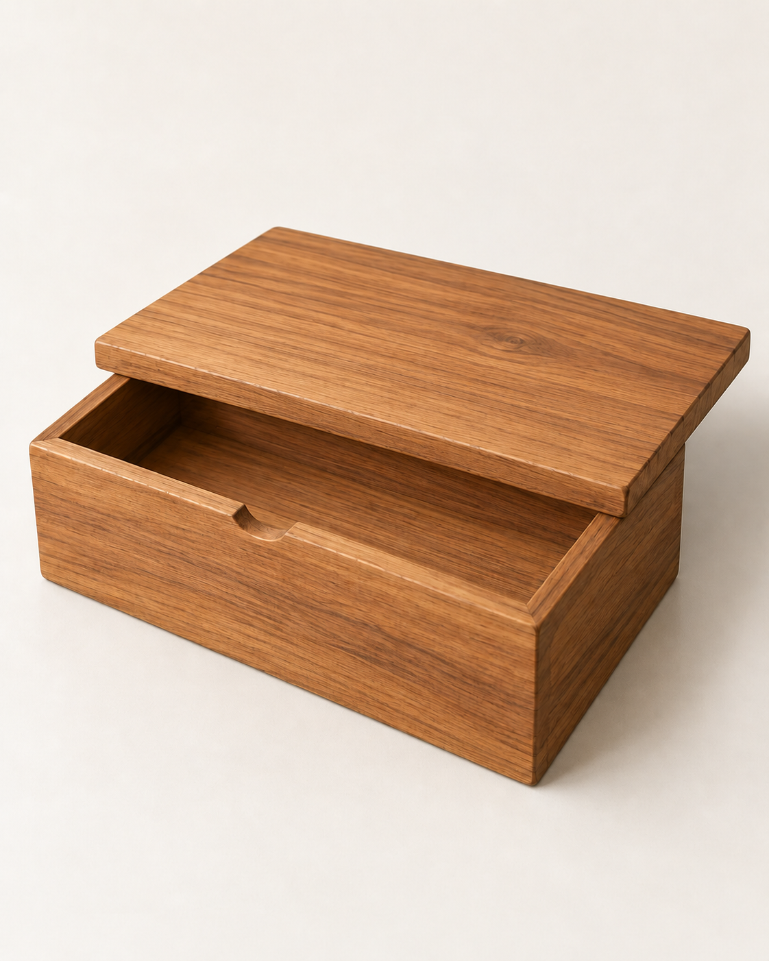 Concept rendering of Keep Lidded Box in softly matte honey-brown teak against an ivory background, with its lift-off lid partly shifted.