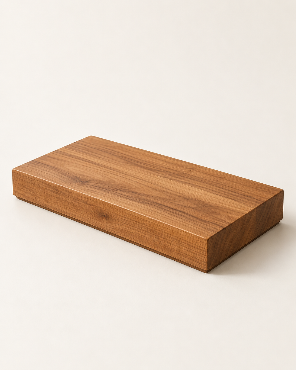 Concept rendering of Rise Display Plinth in softly matte honey-brown teak against an ivory background, shown empty.