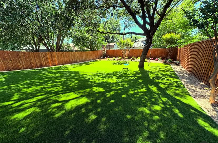 Artificial turf backyard with a shade tree by Grayscape Landscape & Design, a landscaper in North Dallas, TX