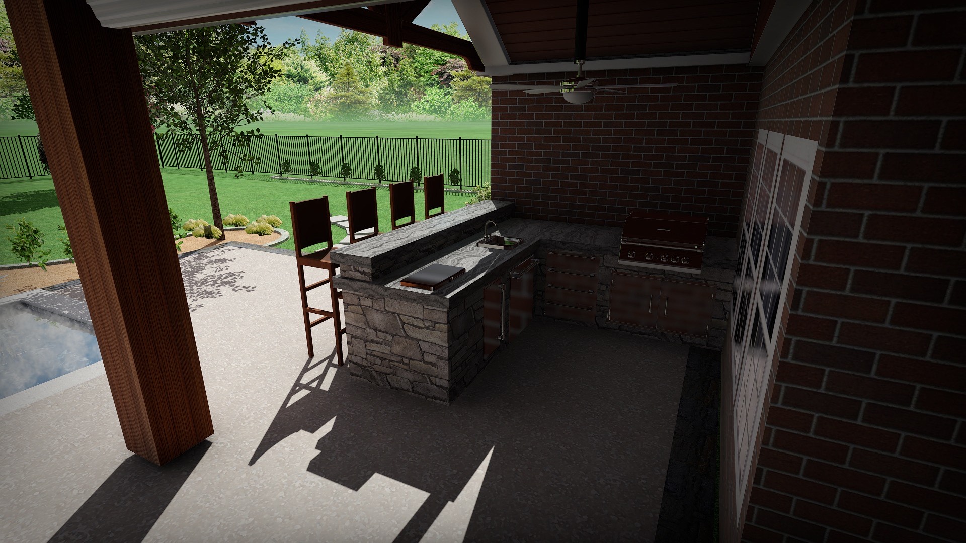Outdoor kitchen design render by Grayscape Landscape & Design, landscaper in University Park, TX. Landscaper Near Me.