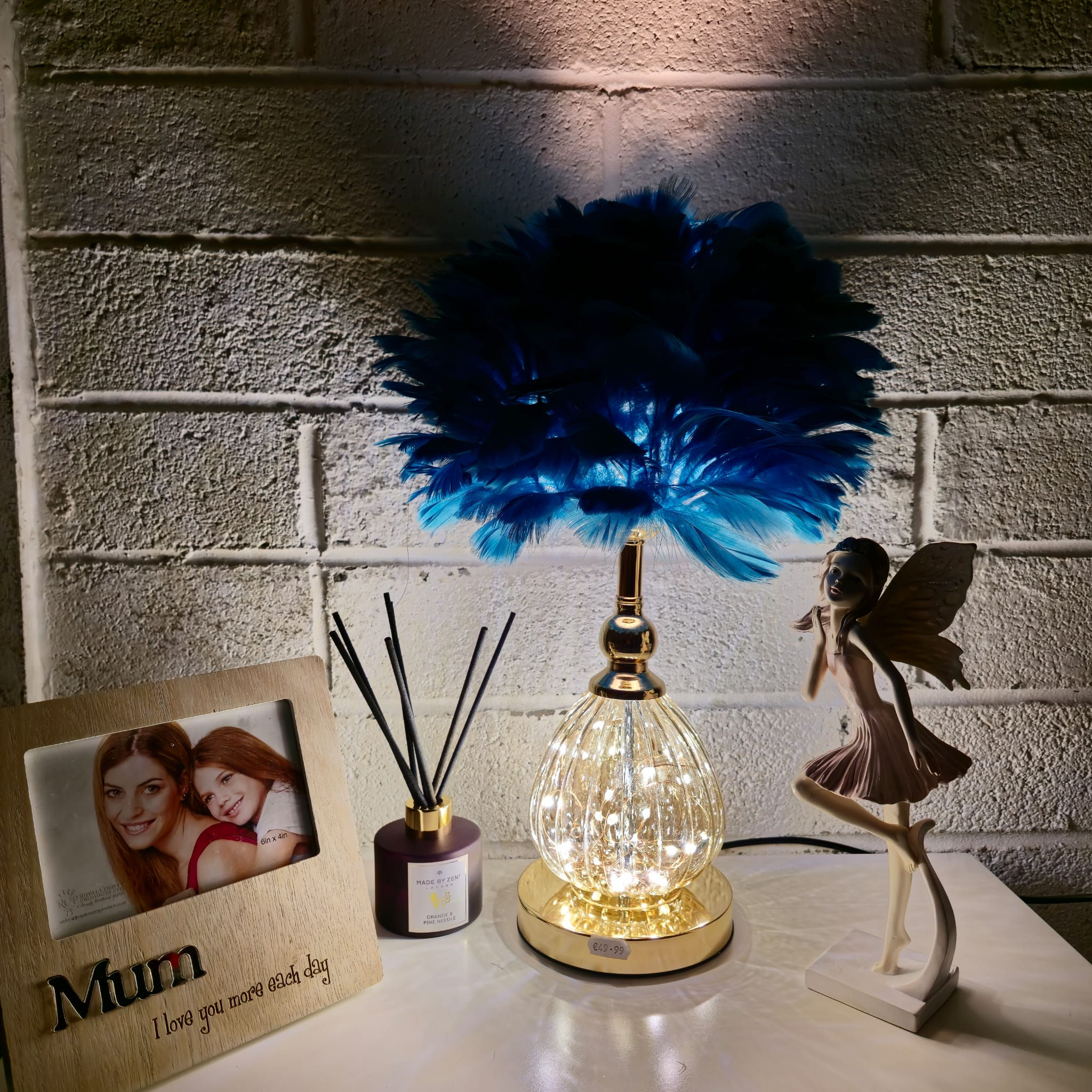 Navy Feather Lamp with Light Up Base Dual Switch Control