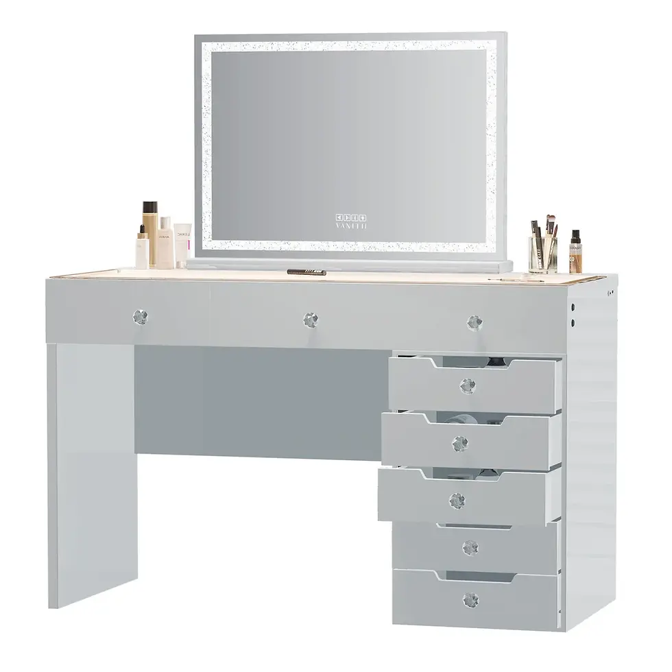 Thumbnail: 8 drawer LED vanity table with glass top & bottom light up drawers