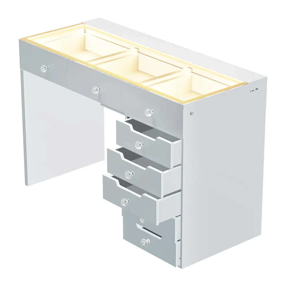 Thumbnail: 8 drawer LED vanity table with glass top & bottom light up drawers