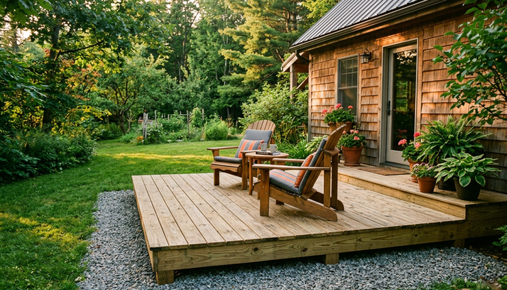 Low-angle view of a finished wooden deck on skids with chairs set near a small backyard cabin.
