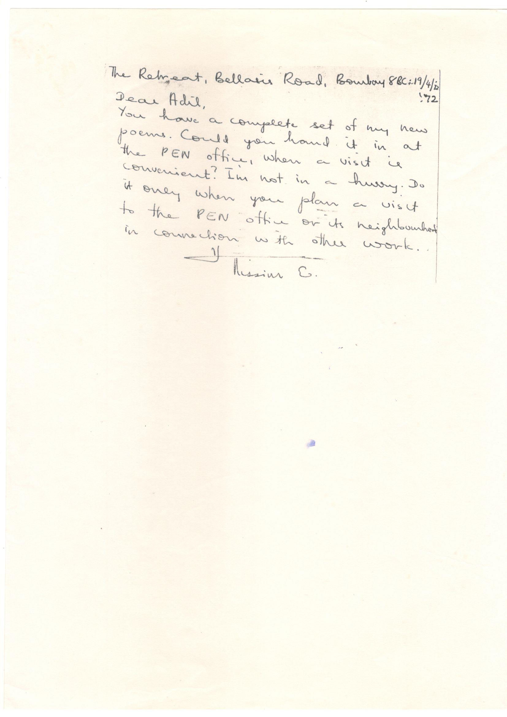 Nissim Ezekiel Letter to Adil Jussawalla 19 Apr 1972
