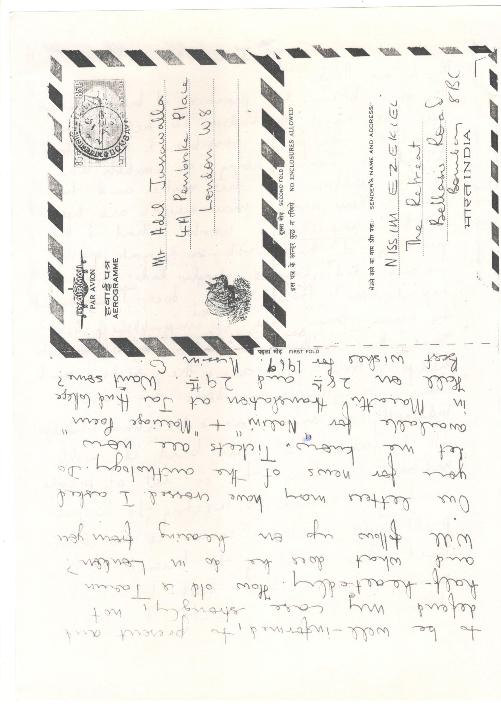 Nissim Ezekiel Letter to Adil Jussawalla 1 Jan 1969