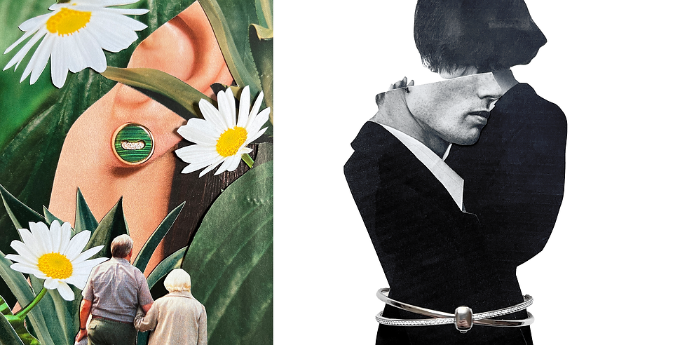 Layer's of jewellery and paper.