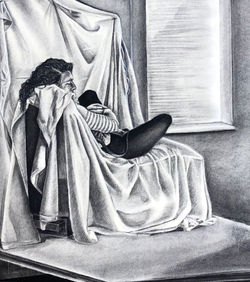 Reclined Artist, charcoal on toned paper, 19x22 in. 2019