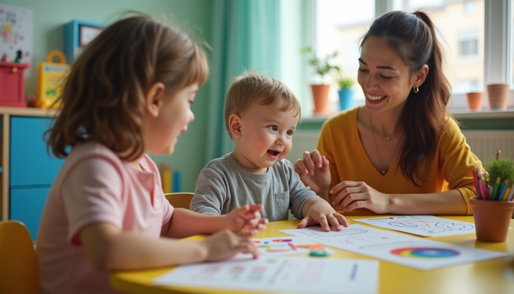 Eye-level view of a child practicing communication skills with a therapist in a bright playroom