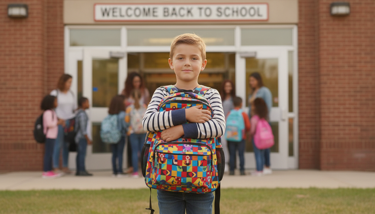 Eye-level view of a child holding a backpack near a school entrance.