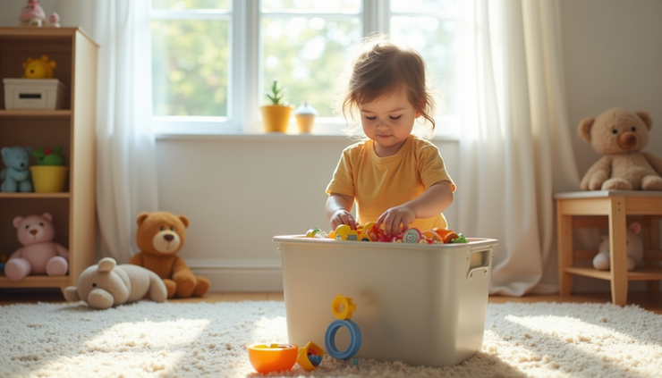 Eye-level view of a child placing toys into a storage bin in a colorful playroom
