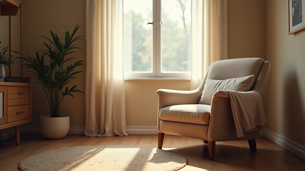 Eye-level view of a cozy room with a comfortable chair and soft lighting