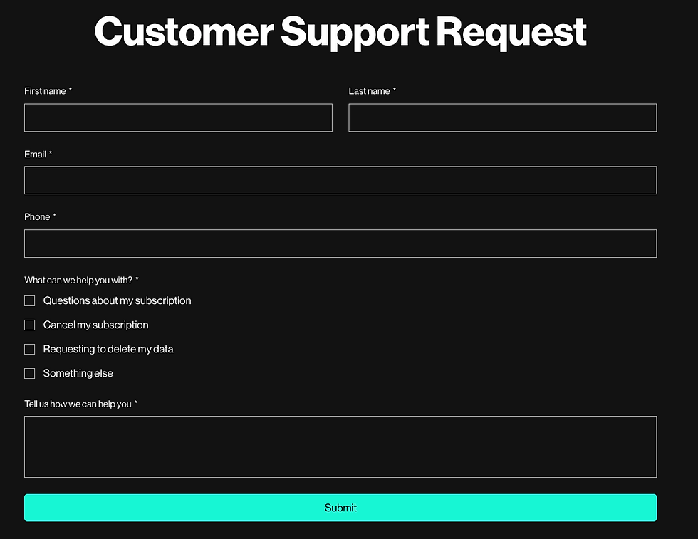 Kalria customer support form example showing options to ask subscription questions, cancel a subscription, request data deletion, or contact support for nutrition tracking account help.