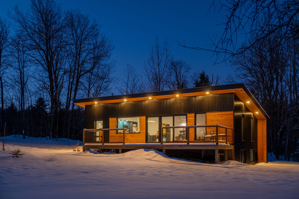 modern home at twilight with vertical metal siding mixed with natural wood 