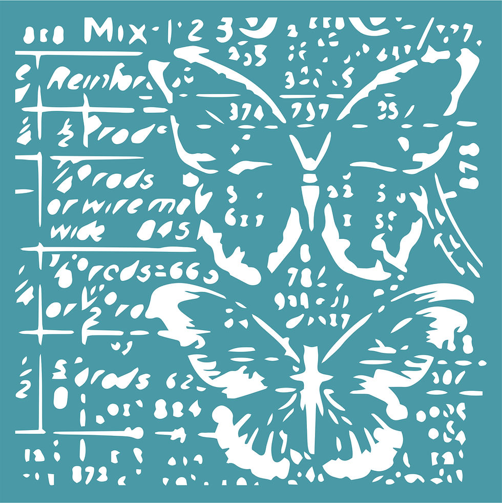 Two white butterflies stencil with abstract text on teal