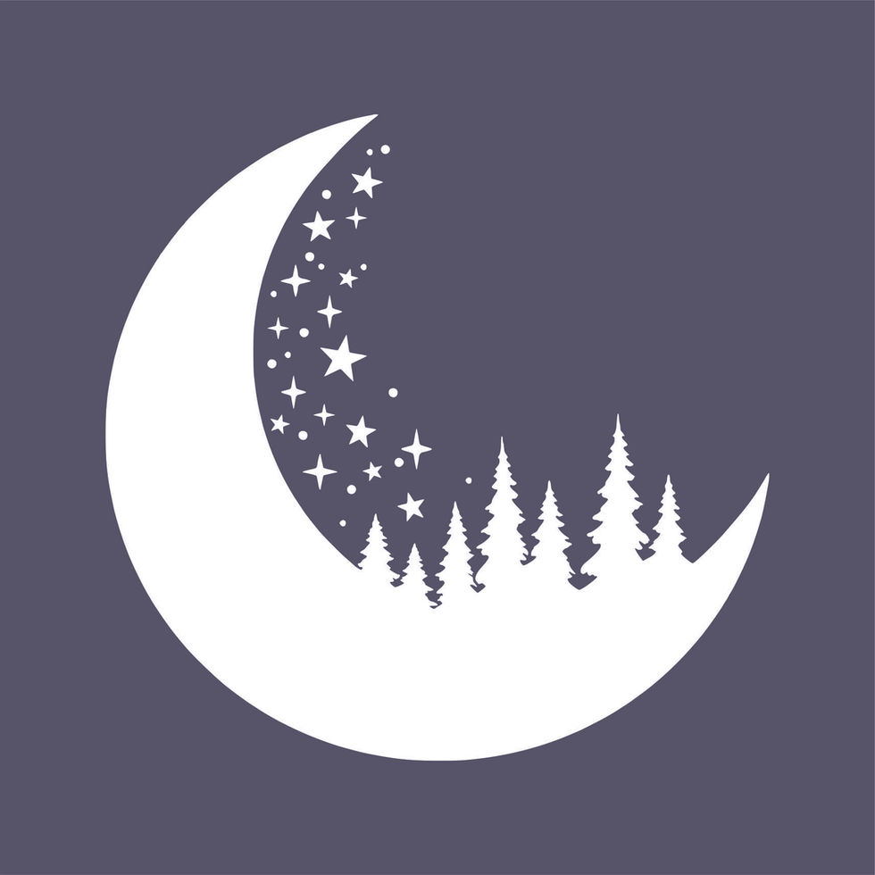 Crescent moon, stars, and pine trees stencil design