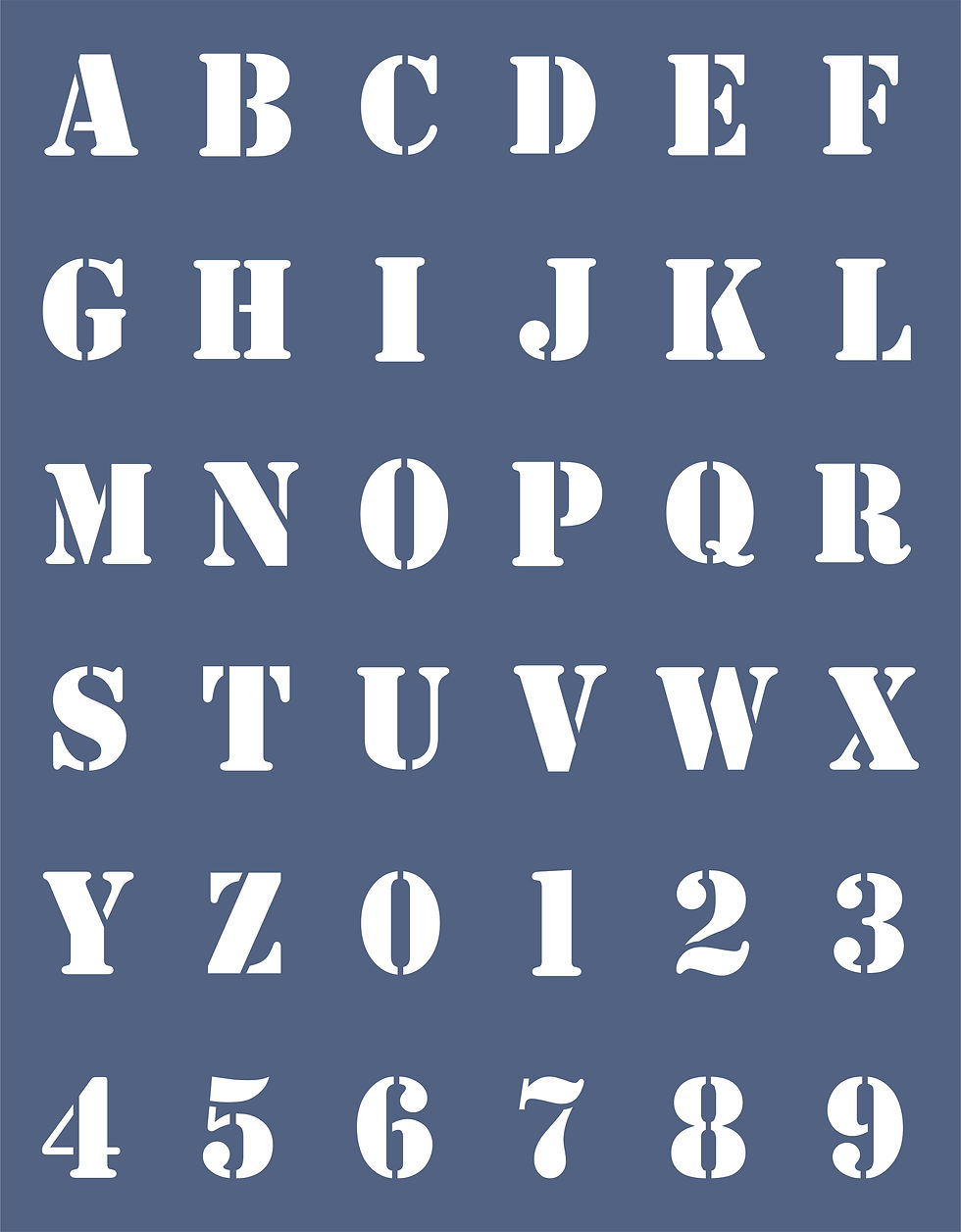 Fabric panel with white stencil alphabet and numbers