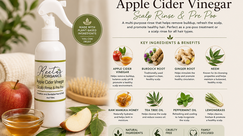 Reeta’s Organics Apple Cider Vinegar Scalp Rinse with featured plant-based ingredients