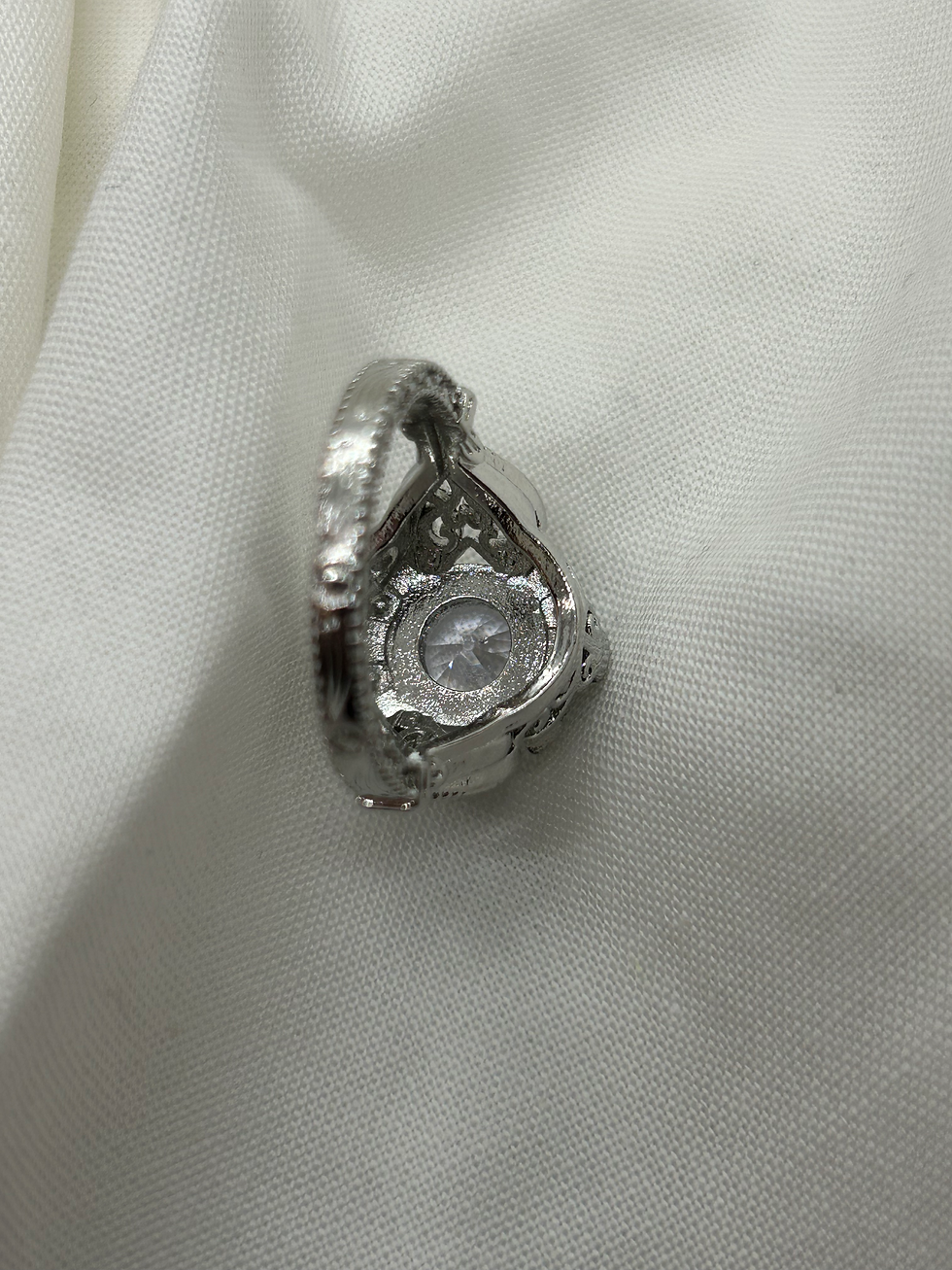 Thumbnail: Silver Tone Round Clear Simulation Diamond Look Vintage Filigree Statement Ring