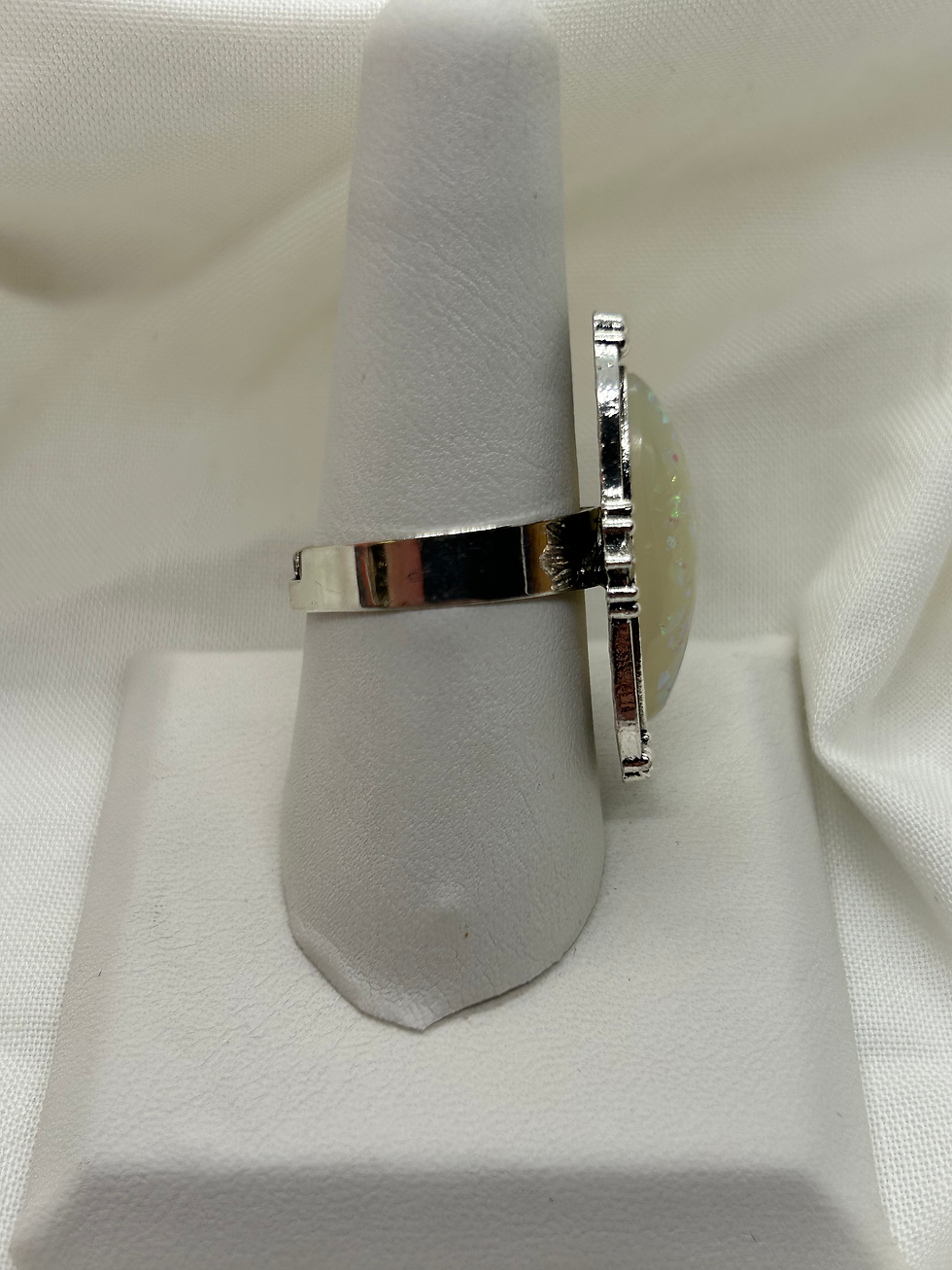 Thumbnail: Silver Tone Elongated Oval Opal Look Cabochon Boho Vintage Style Ring