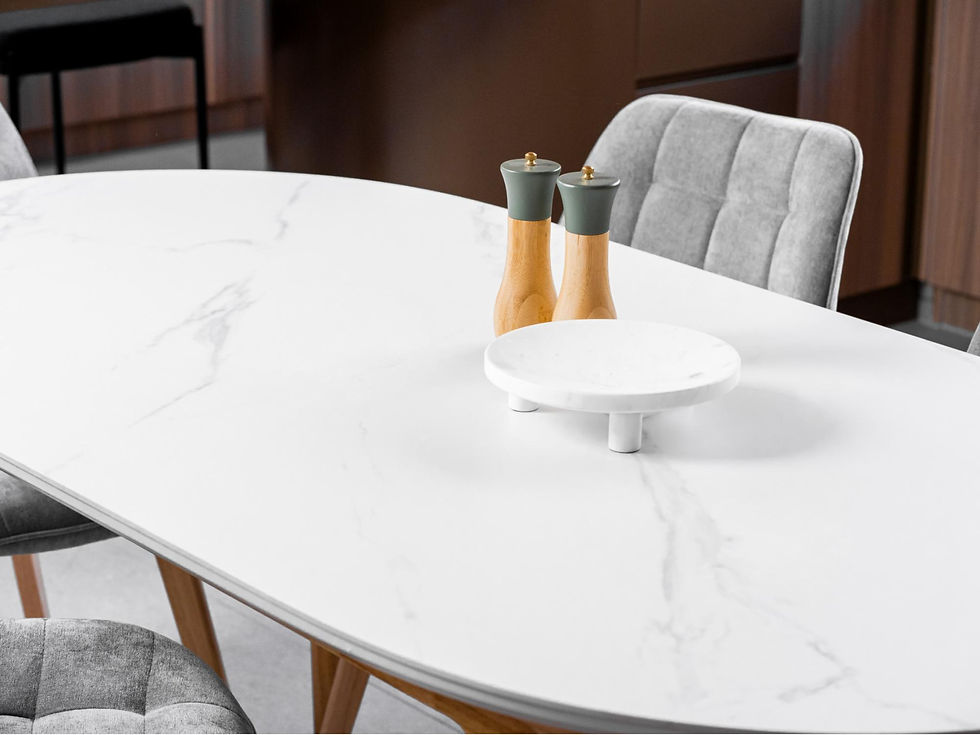 Thumbnail: Finland 180cm Oval Ceramic Dining Table – Snow White Marble Effect & Solid Wood