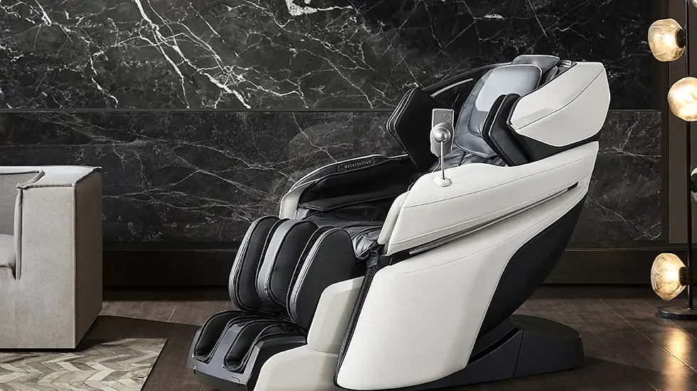 Eye-level view of a Feel Good massage chair in a modern living room on the Sunshine Coast
