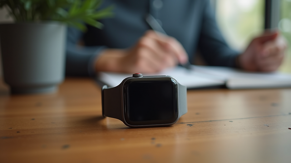 Eye-level view of smartwatch display on a wooden table