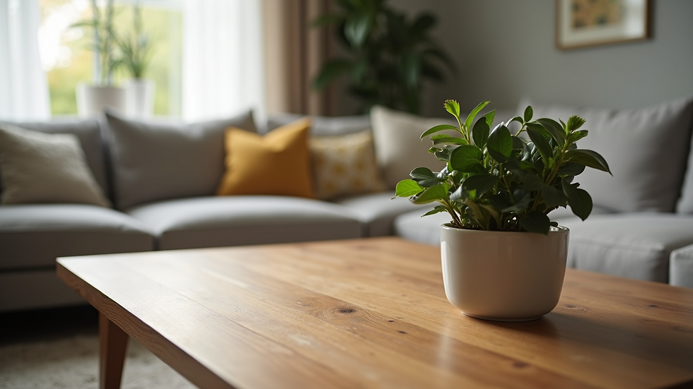 Close-up view of a sleek wooden coffee table with a decorative plant