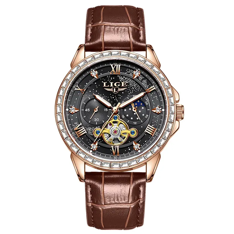 Thumbnail: LIGE LG6828 Men's Automatic Watch - Starry Sky Dial, Brown Leather Strap