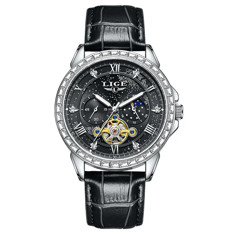 Thumbnail: LIGE LG6828 Men's Automatic Watch - Starry Sky Dial, Brown Leather Strap