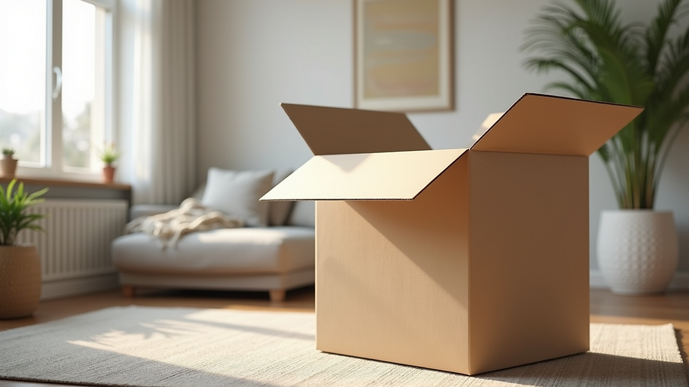 Eye-level view of a flat-packed furniture box ready for assembly