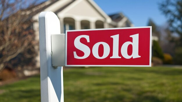 Red Sold sign on a white post in front of a suburban house.