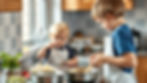 Two kids in aprons cook in a kitchen. The older child stirs a bowl, while the younger observes.