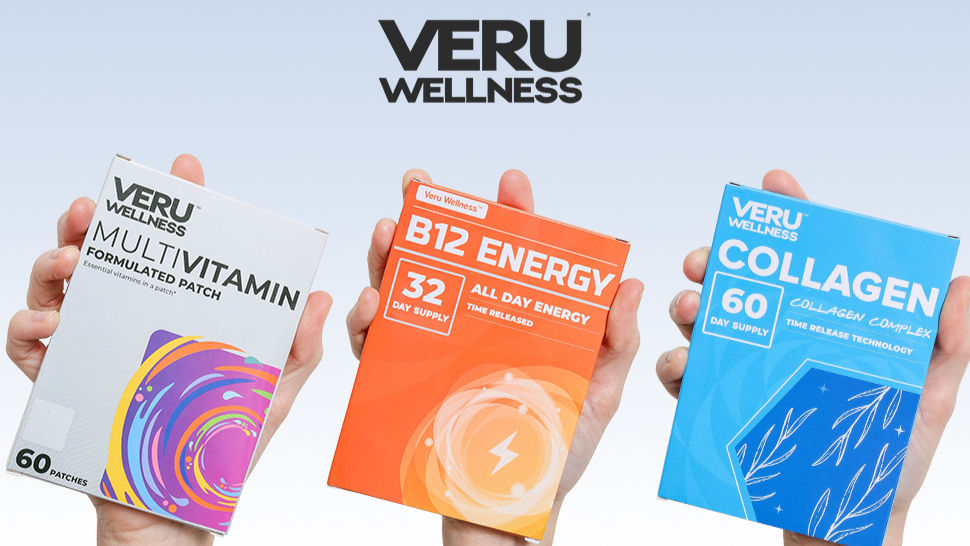 Hands hold three supplement boxes: Multivitamin, B12 Energy, and Collagen, against a light blue background with the "VERU WELLNESS" logo.
