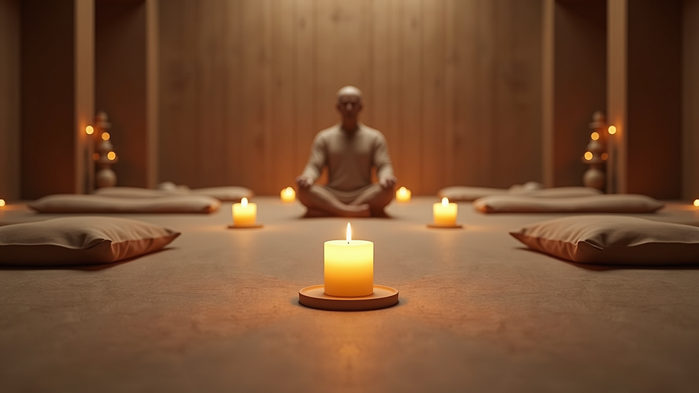 Eye-level view of a serene meditation space with candles and cushions