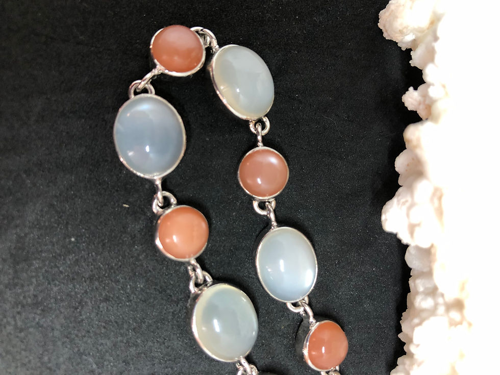 Thumbnail: Sri Lankan Moonstone Rare Peach and Cream Cabochon Cut Silver 925 Bracelet