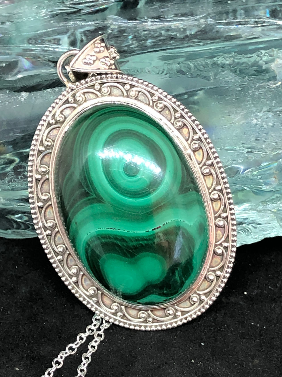 Thumbnail: Malachite Large Filigree 925 Silver Pendant