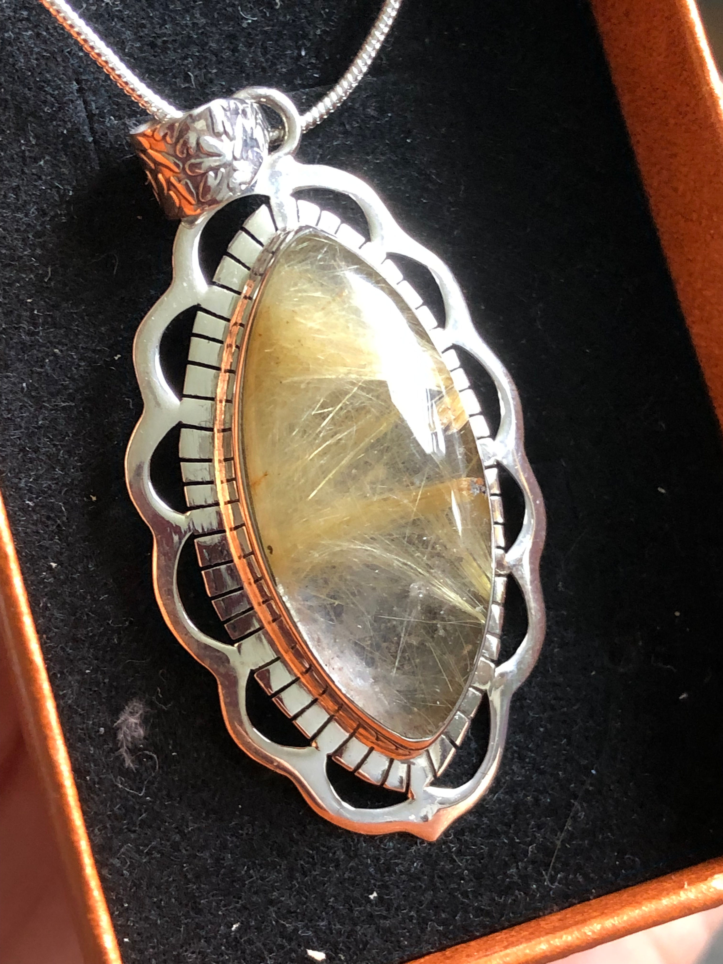 Golden Rutile Fine Filigree 925 Silver Pendant