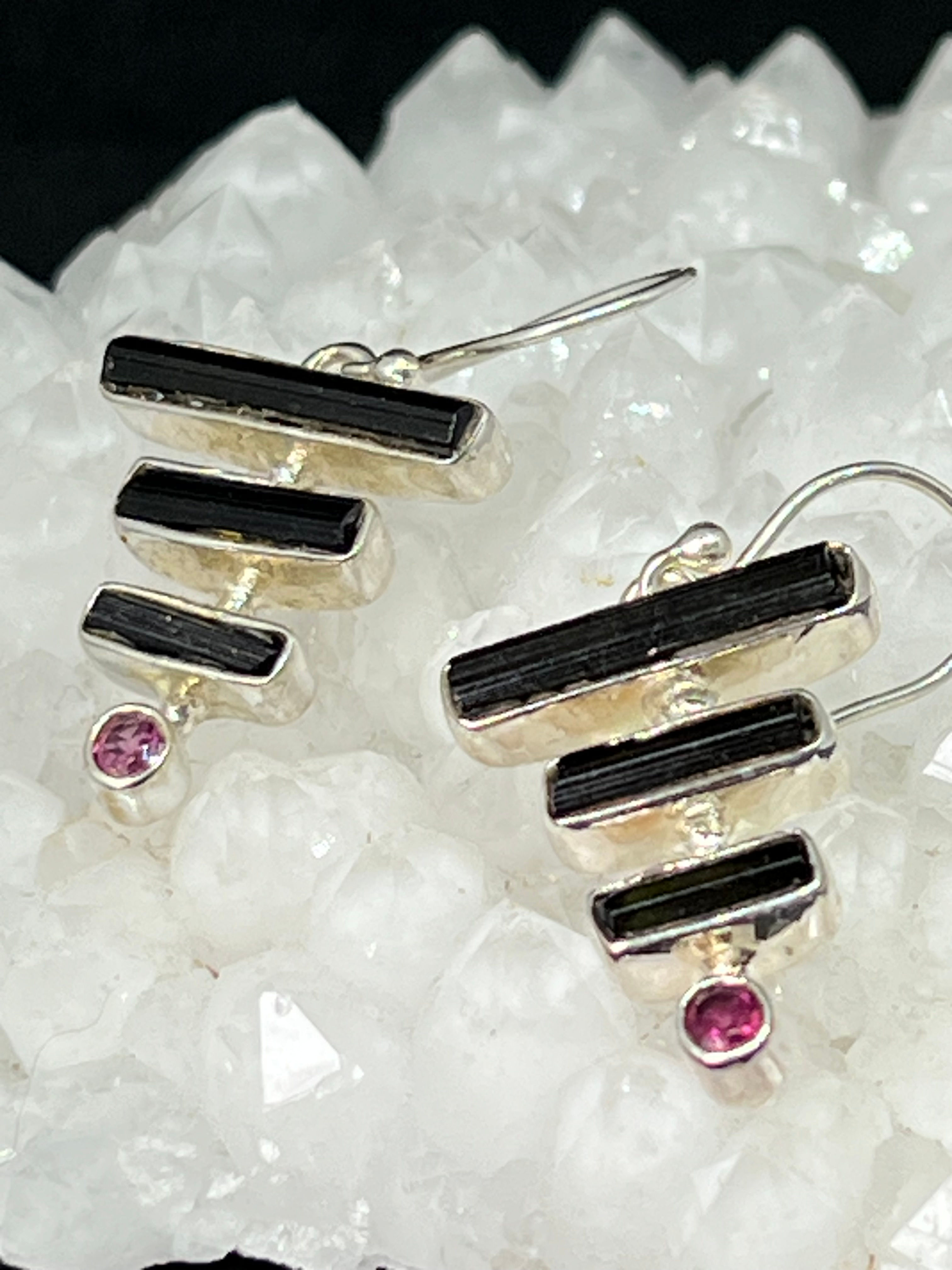 Tourmaline Rod and Rhodonite Garnet Facet 925 Silver Drop Earrings