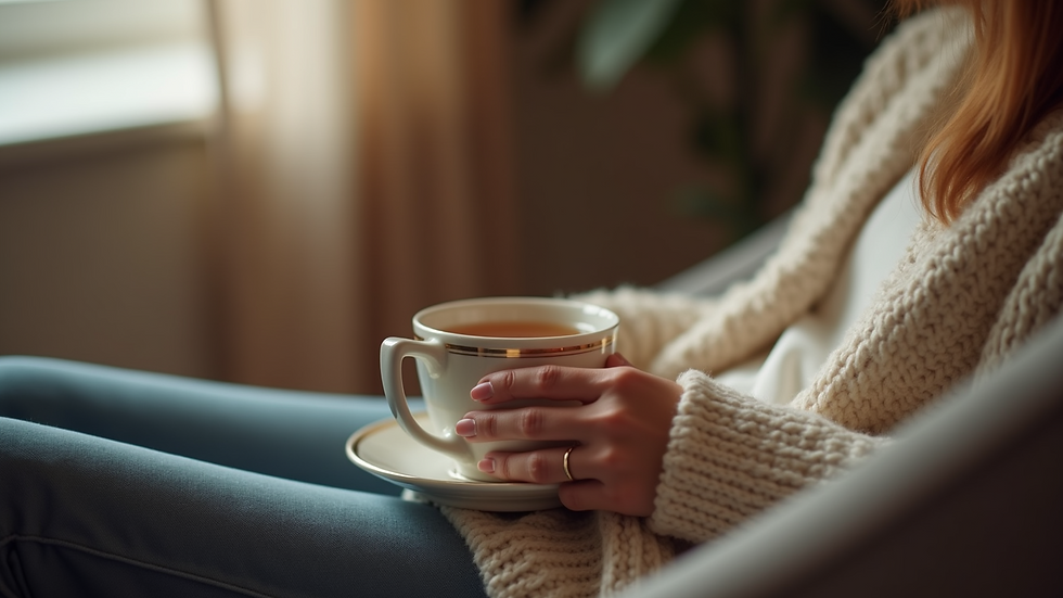 Close-up view of a person holding a cup of tea while sitting in a cozy chair
