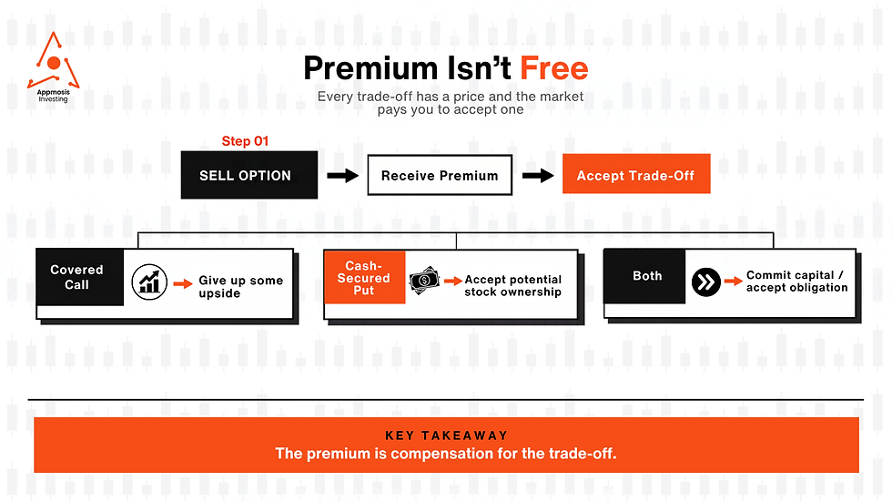 Infographic titled Premium Isn’t Free shows options trading trade-offs and a key takeaway in black, white, and orange.