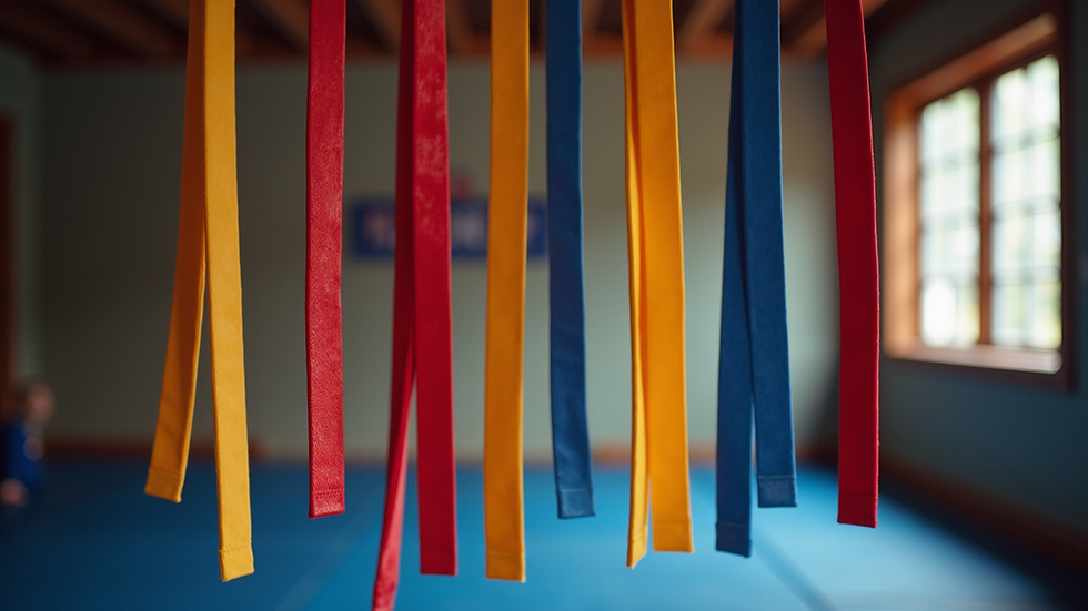 Close-up view of a karate belt display