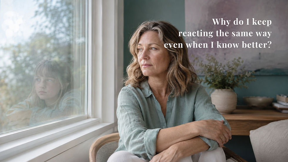 A woman looking out a window, with a subtle reflection of her younger self representing emotional reactions connected to past experiences.