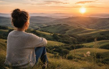 Woman sitting on a hillside at sunset looking across rolling green hills, reflecting on new possibilities and the journey towards letting go of the past.