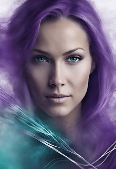 Portrait of a woman with purple hair and teal eyes, exuding strength and calm, representing empowerment and transformation in Module Two.
