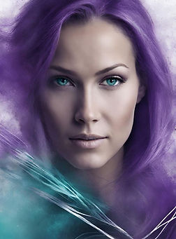 Portrait of a woman with purple hair and teal eyes, exuding strength and calm, representing empowerment and transformation in Module Two.