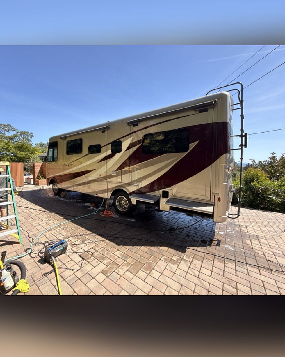 Eye-level view of a clean and polished Winnebago motorhome parked outdoors