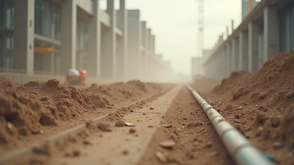Close-up view of construction site with dust control measures
